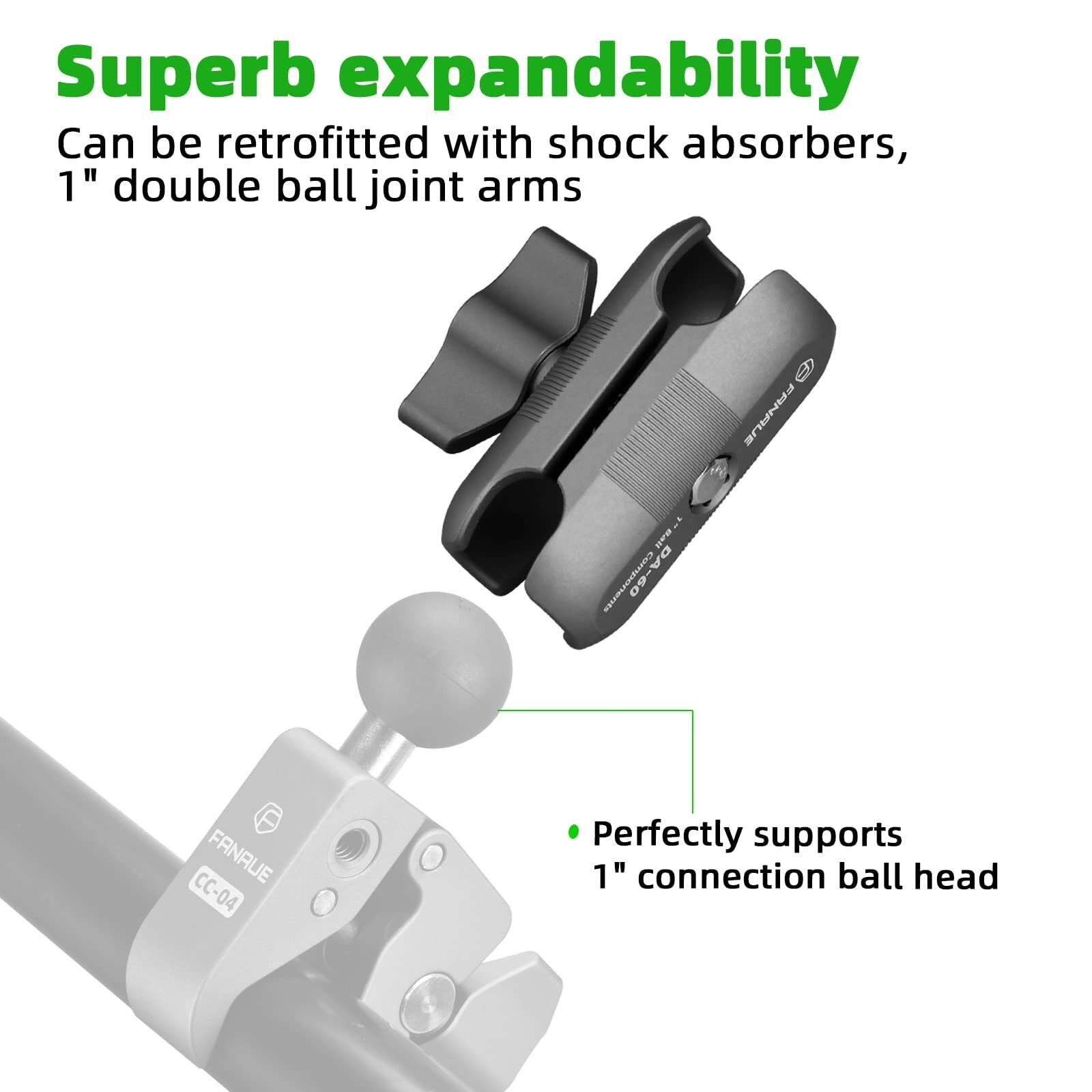 FANAUE Double Socket Arm Compatible with B Size 1" Ball Components for RAM Mount