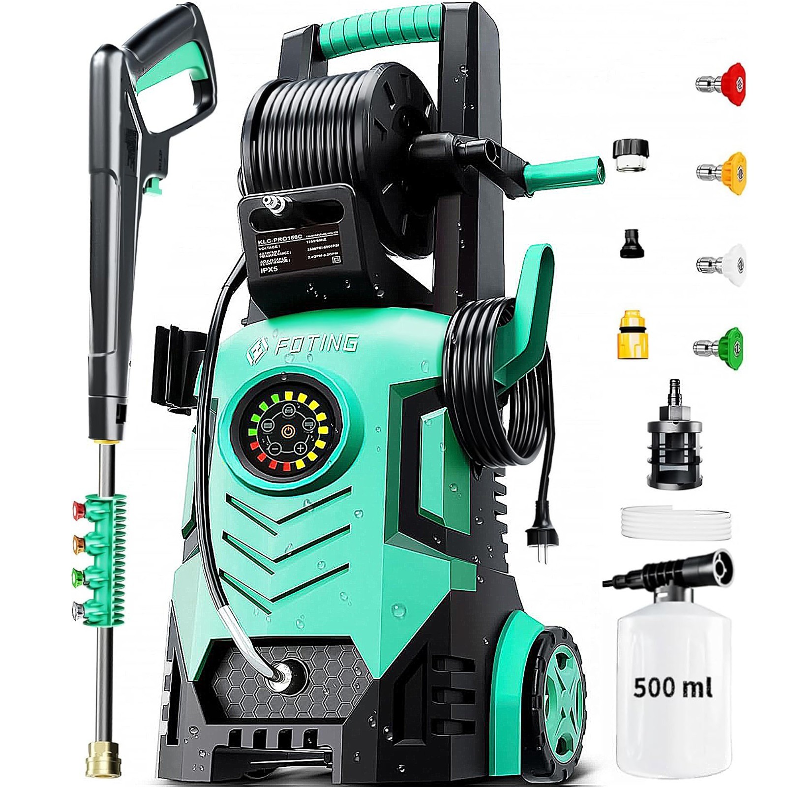 FOTING 5000-PSI, 2.3-3.3 GPM Adjustable Electric Pressure Washer with 4 Nozzles