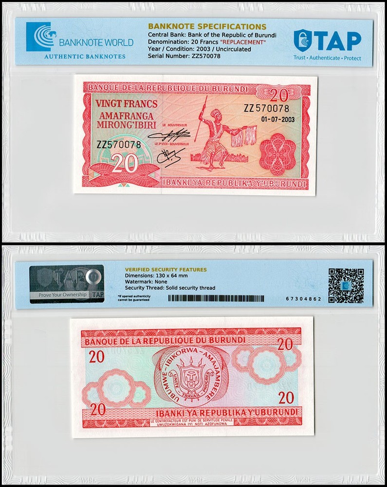 Burundi 20 Francs, 2003, P-27d.4, UNC, Replacement, Authenticated