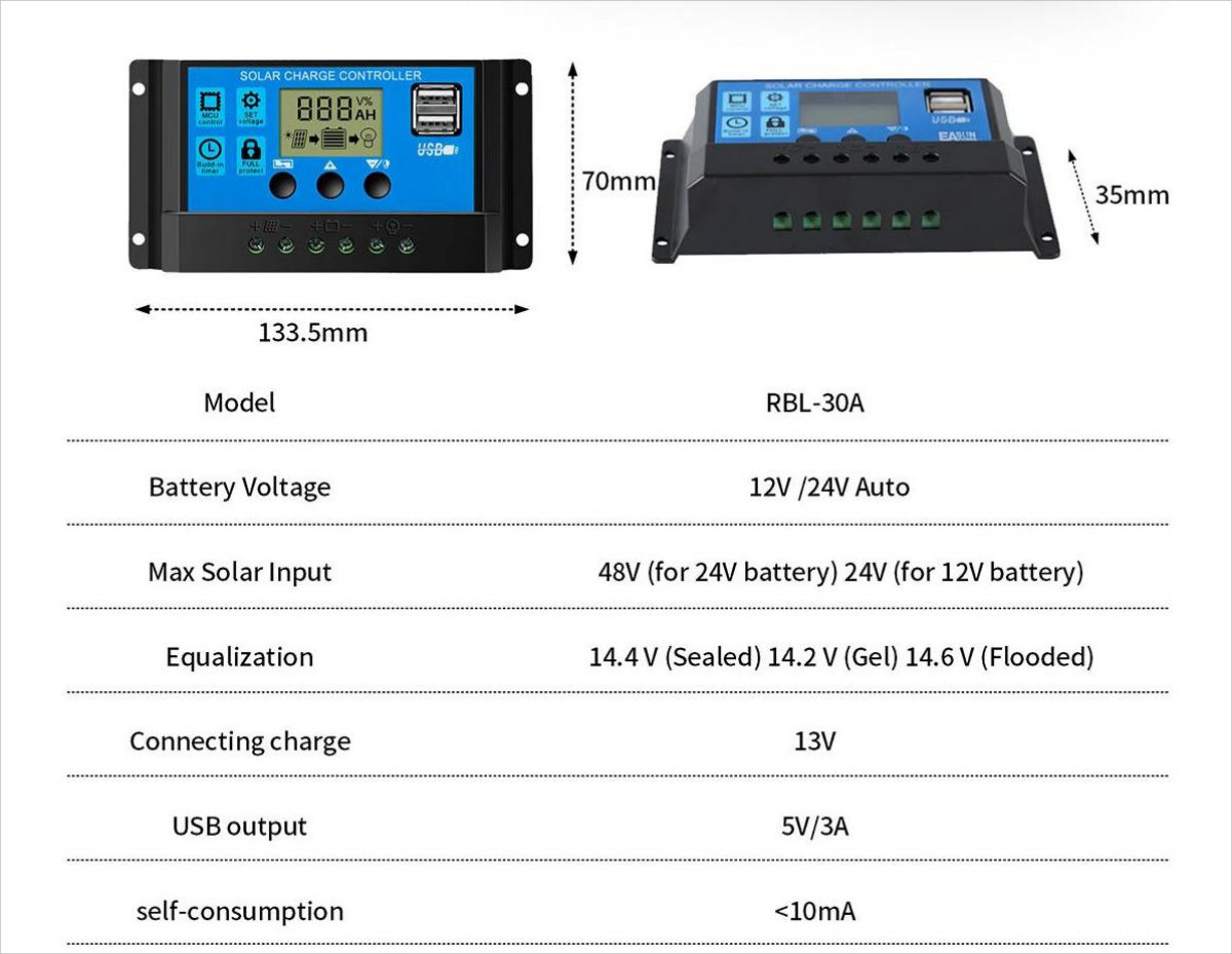 30A Solar Panel Battery Charge Controller 12V/24V LCD Regulator Auto Dual USB US