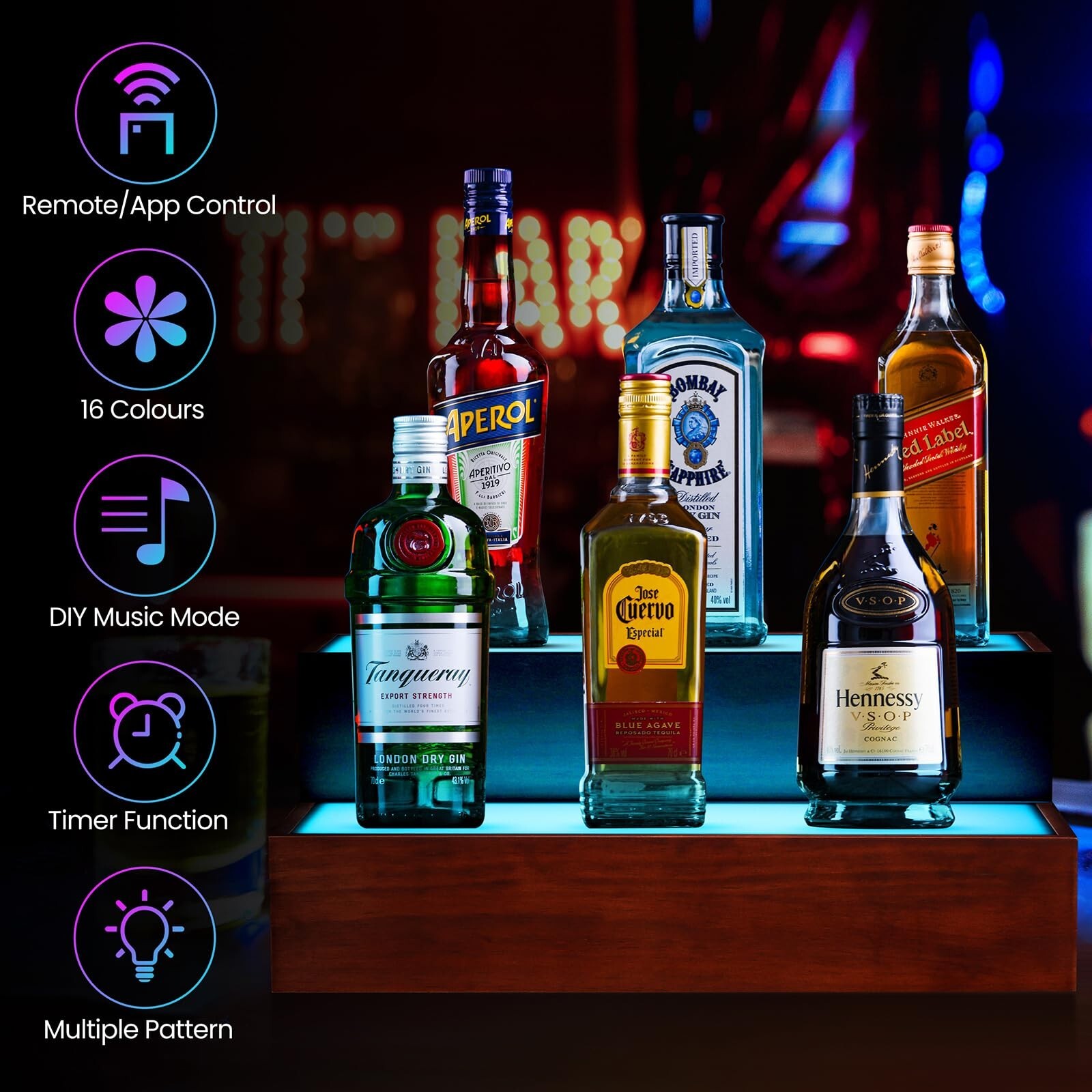 B4Life LED Lighted Liquor Bottle Display Shelf, 2 Tier 16 Inch LED Bar Shelve...