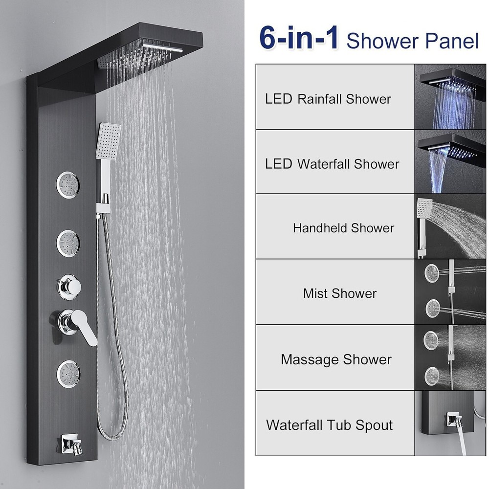 Black Shower Panel Tower System Stainless Steel Multi-function Massage Body Jets