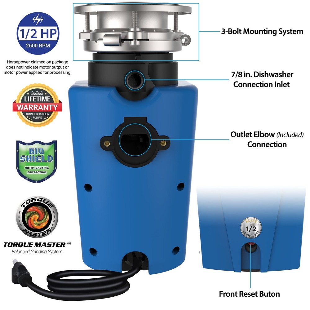 Continuous Feed 1/2 Garbage Disposal with Power Cord for Kitchen Sink