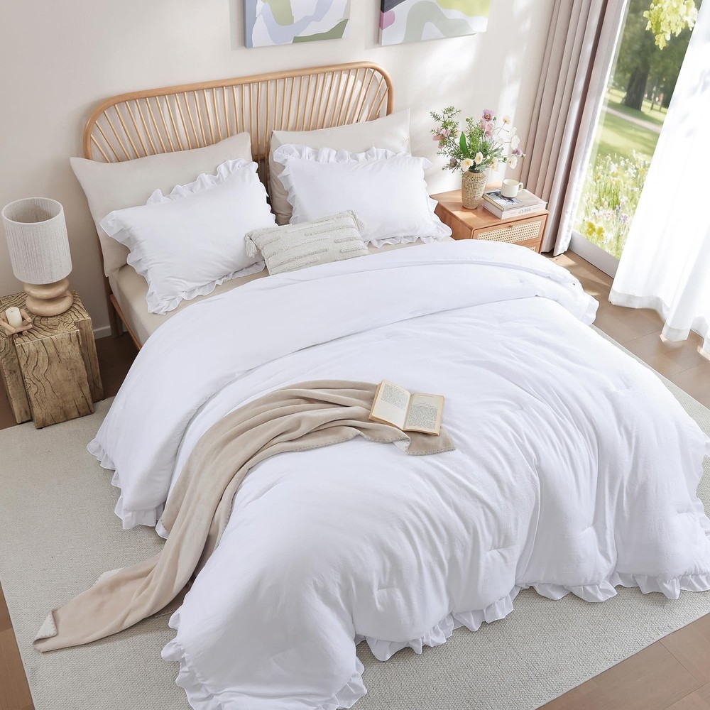 JANZAA Twin Comforter Set White Ruffled Twin,