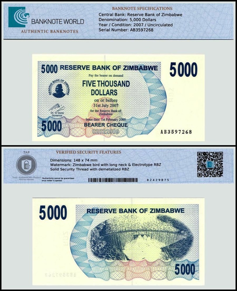 Zimbabwe 5000 Dollars Bearer Cheque, 2007, P-45, UNC, Authenticated Banknote