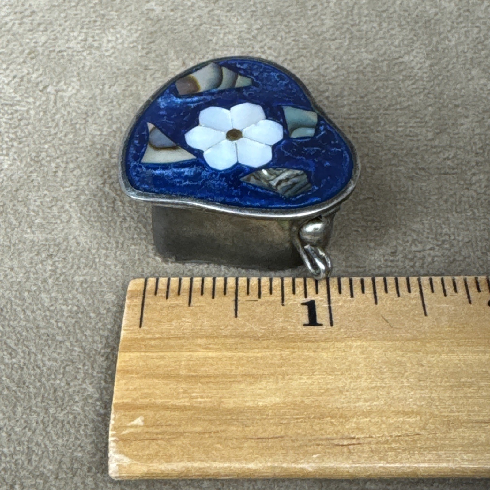 VTG Alpaca Mexico Silver Abalone Shell Inlay Pill Box Trinket-Flower Heart Daisy