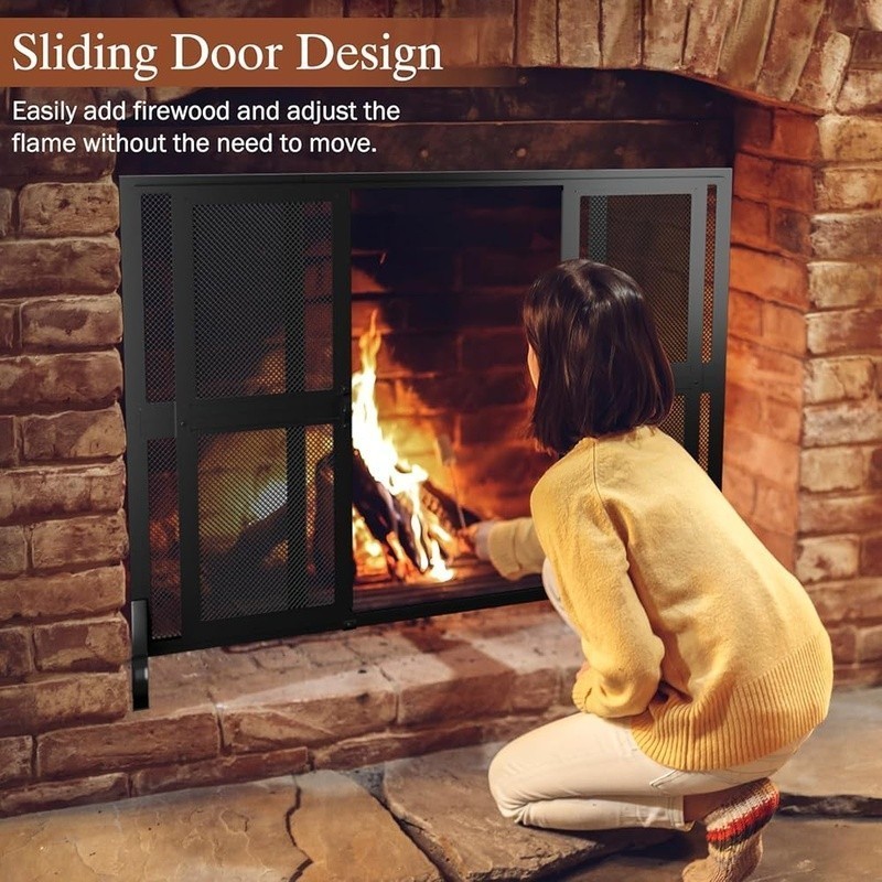 Fireplace Screen Sliding Doors Wrought Iron Spark Guard Gate Protector Pets Kids