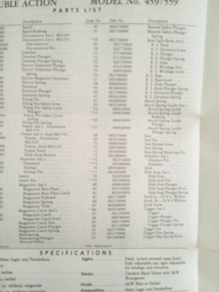 SMITH&WESSON 9MM PISTOL DA MODEL NO.459/559 INSTRUCTIONS/SPECS SHEET