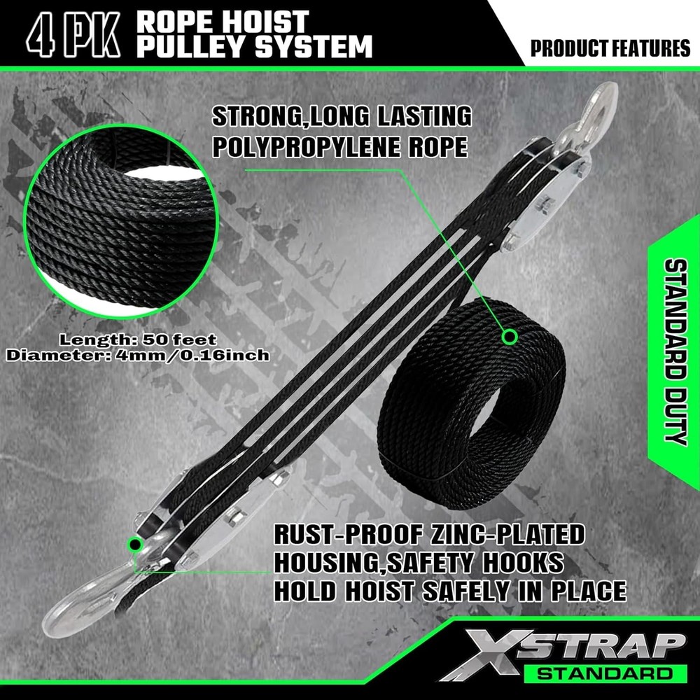 Durable 50FT Block and Tackle Pulley System - 2000 LB Breaking Strength