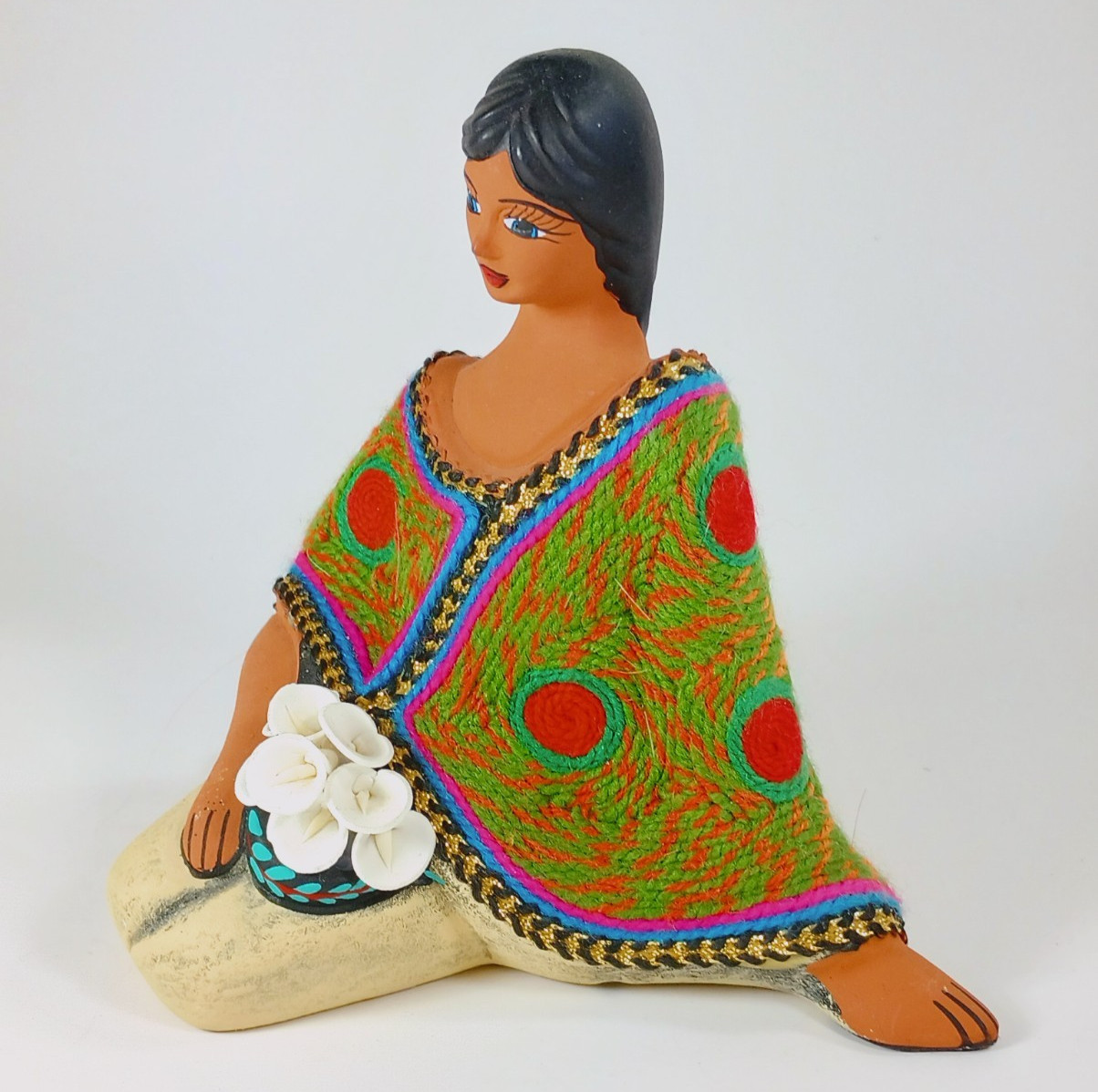 Clay Folk Art Honduran Lady Sitting with Flowers.
