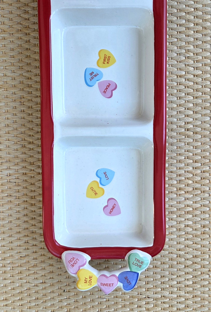 Valentine Conversation Heart Candy 3 Compartment Dish Tray Ceramic 14.5" EUC