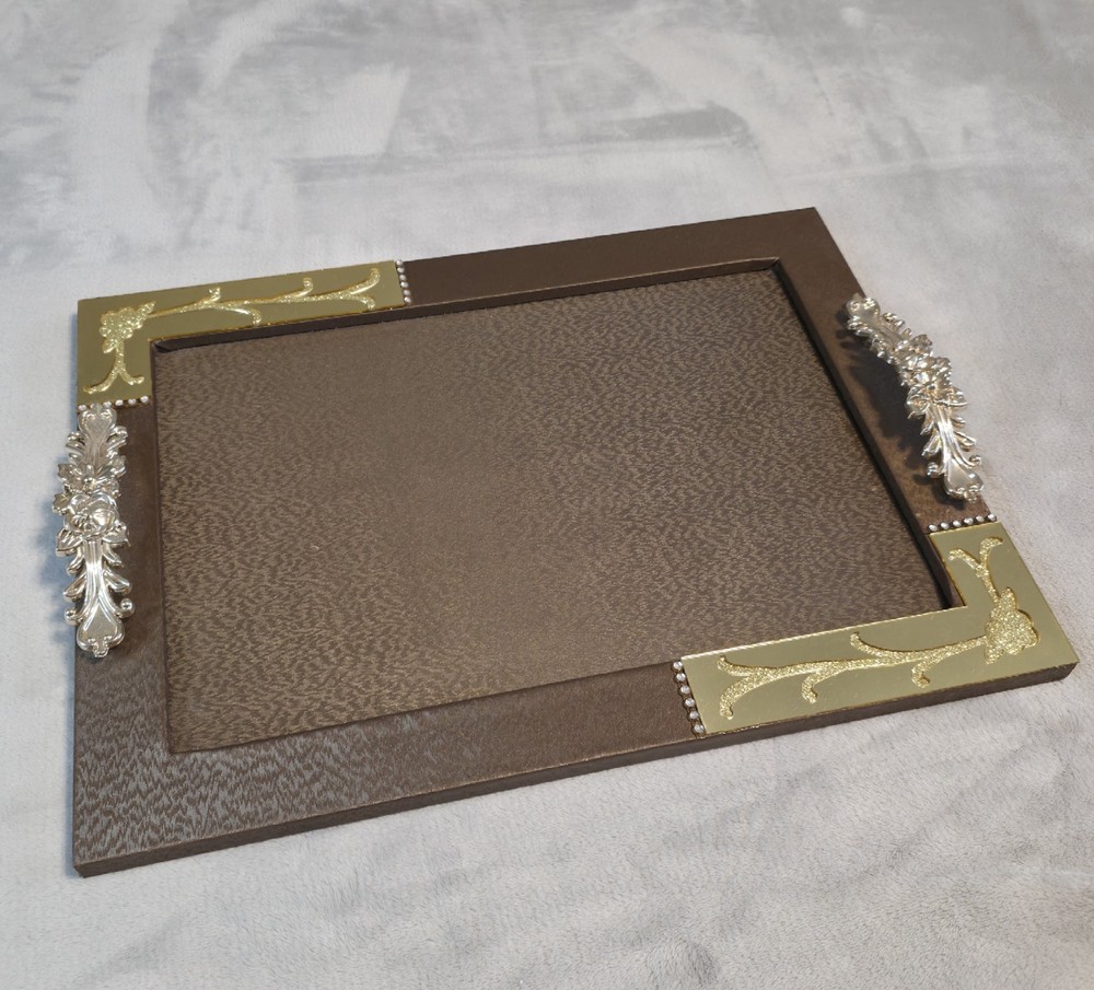 Picture Frame Ornate Rectangular Serving Tray - Brown Wood Finish with Gold Trim