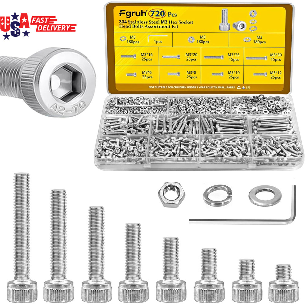 720Pcs M3 Screws Assortment Kit, Hex Socket Head Cap Bolts, Nuts & Washers Assor
