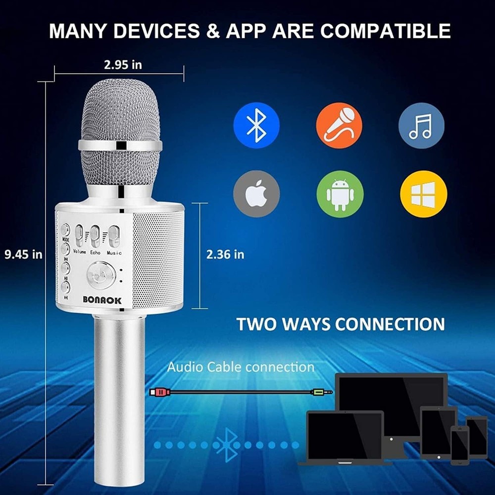 Wireless Bluetooth Karaoke Microphone - 3-in-1 Portable Mic Speaker - Q37 Silver