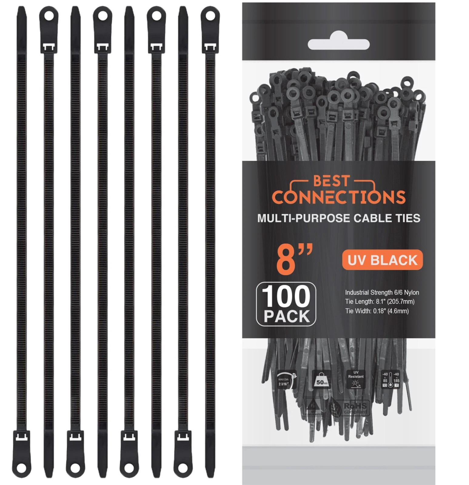 100 Pieces 8" UV Black Nylon Cable Zip Ties Strong with Screw Down Hole