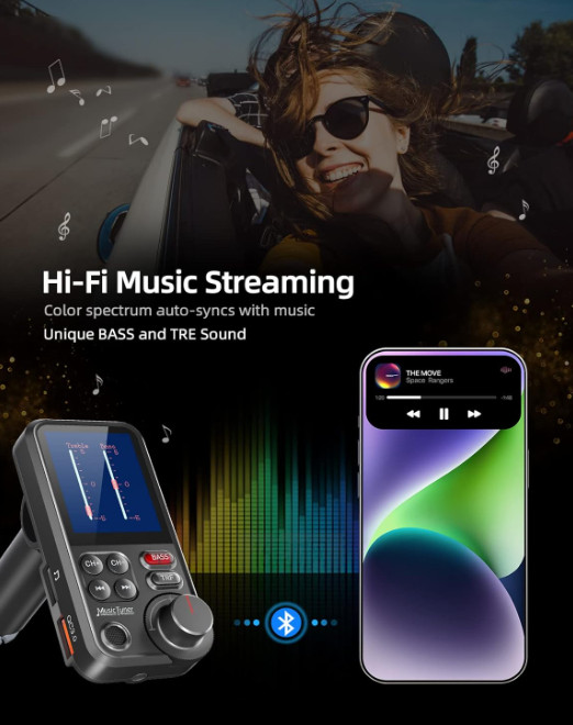 FM Bluetooth Transmitter for Car, Strong Microphone Bluetooth Car Adapter 1.8"