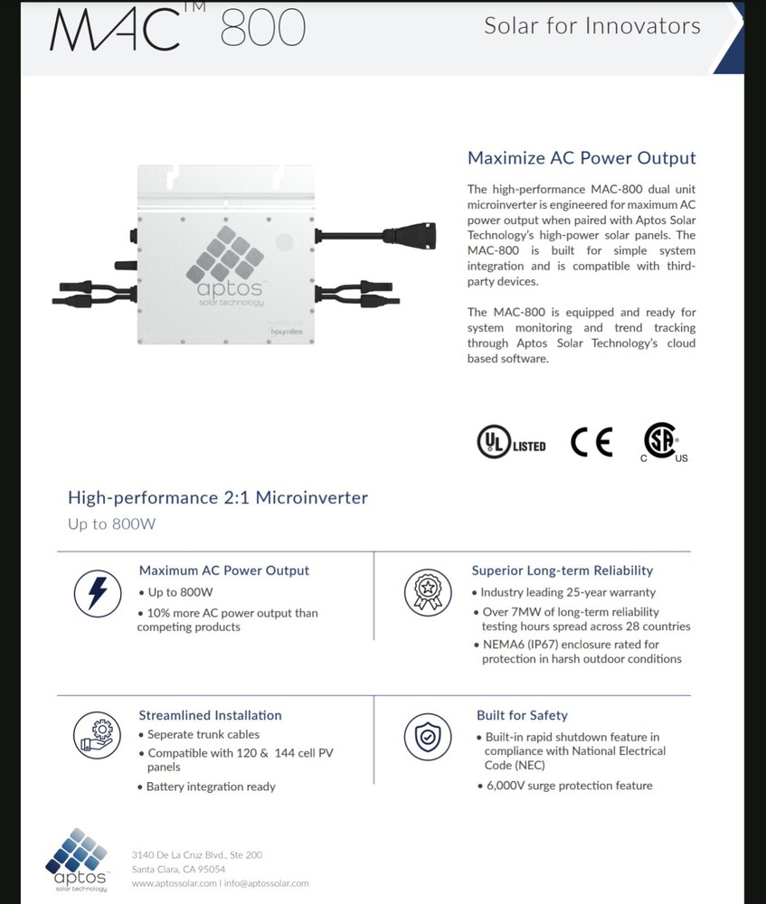 Aptos MAC-800 Dual Unit (2:1 Trunk Version) Microinverter