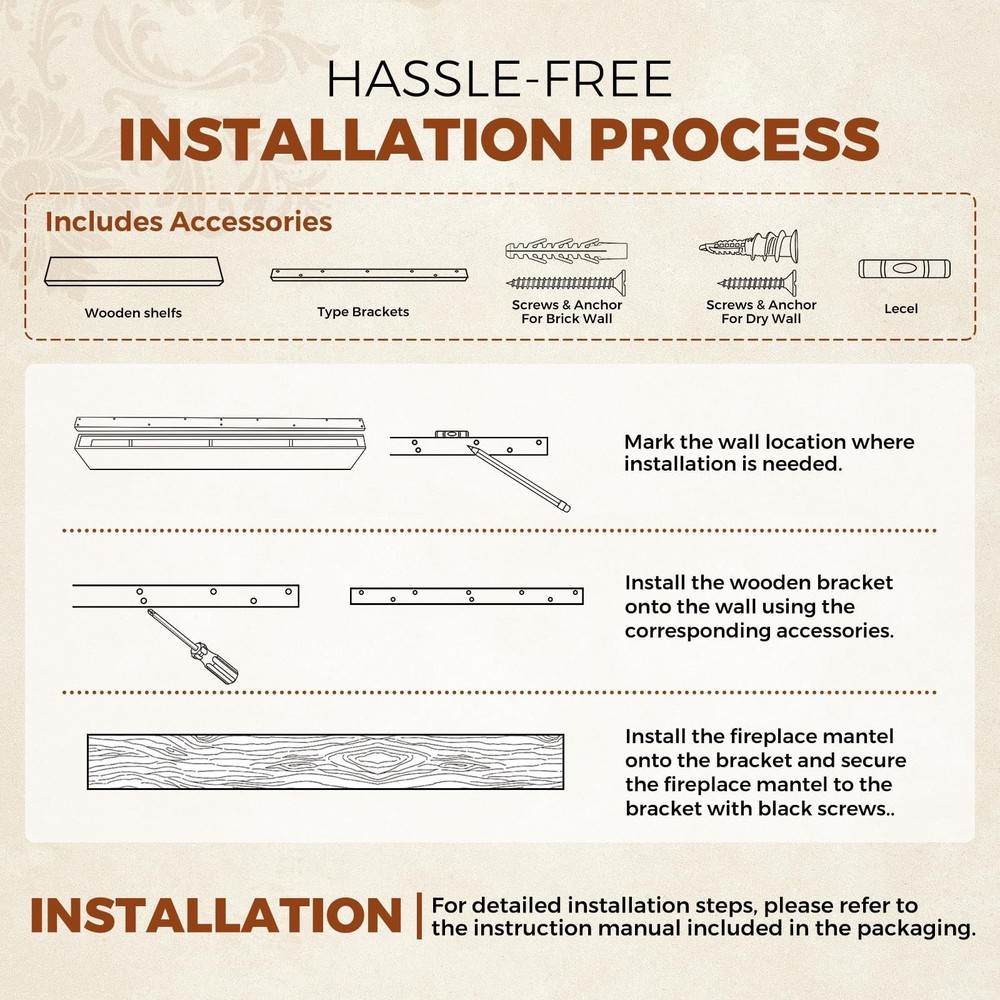 60x8x5 Fireplace Mantel - Handcrafted Rustic Solid Wood Wall Mounted Floating...