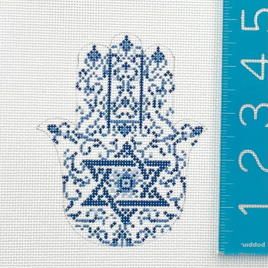 Gingham Stitchery HP needlepoint canvas Blue & White Transferware Hamsa 18ct