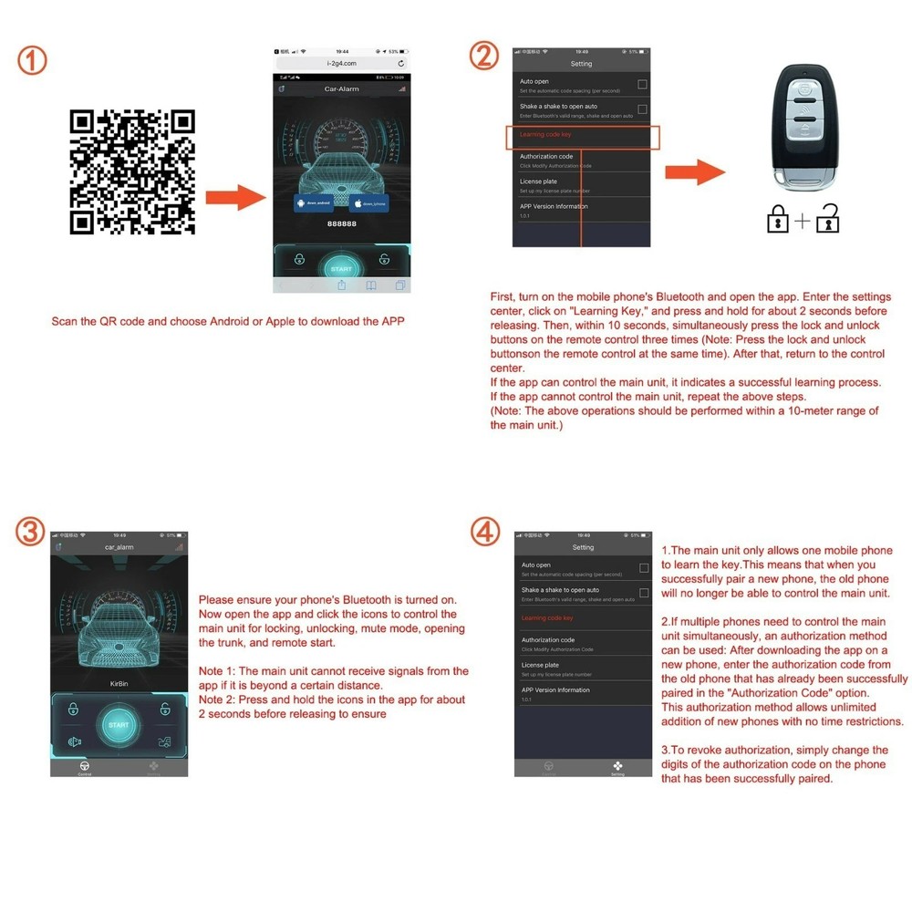 12V Car One‑Key Start Remote Engine Start PKE System Including App & RF Remote