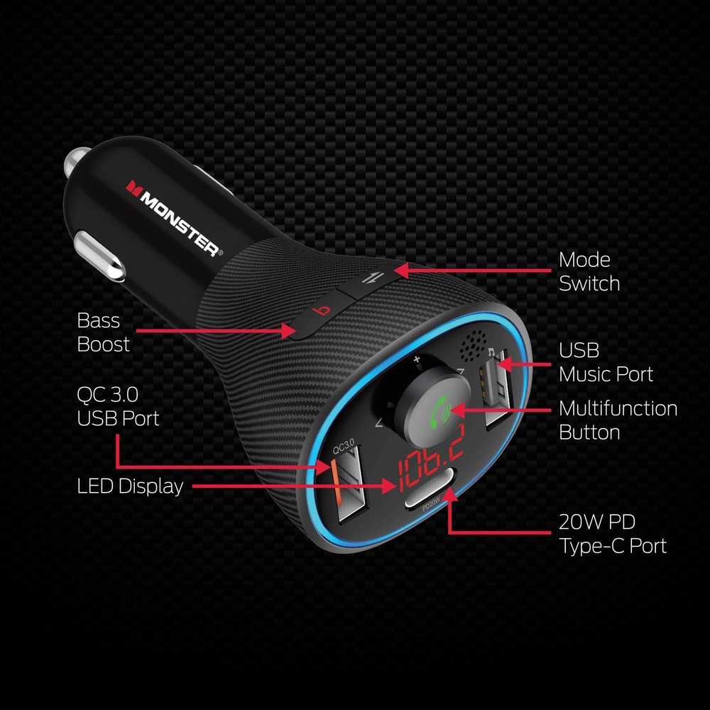 Monster Bluetooth FM Transmitter for Car Cigarette Lighter with 20W QC3.0 USB...