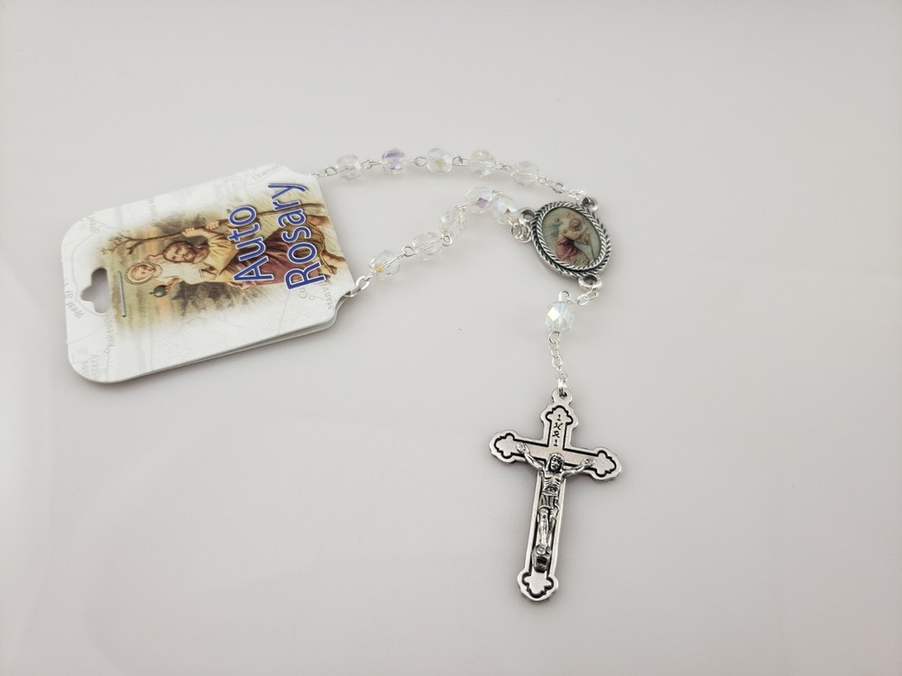 Auto St Christopher One-Decade Rosary Italy Crystal Bead Rear View Mirror