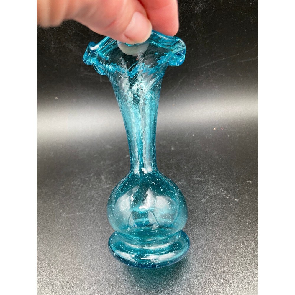 Hand Blown Teal Swirled Blue Bud Vase