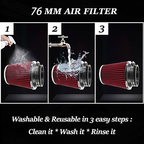 Clamp-On Cold Air Intake Filter, High Performance, Washable Filter, Red