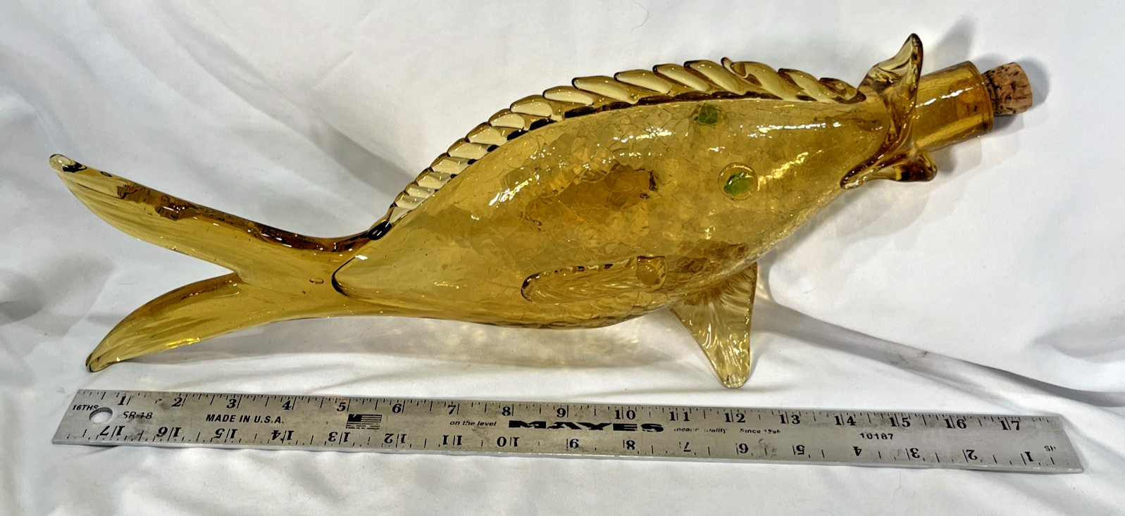 Vintage Amber Green Murano Crackle Glass Fish Decanter