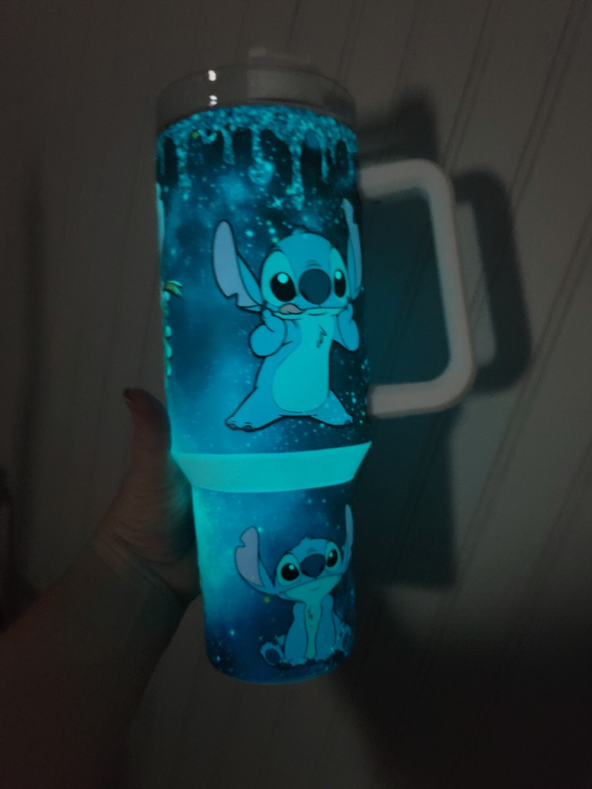 40oz Blue Glow In The Dark Cosmic Stitch Tumbler straw, lid