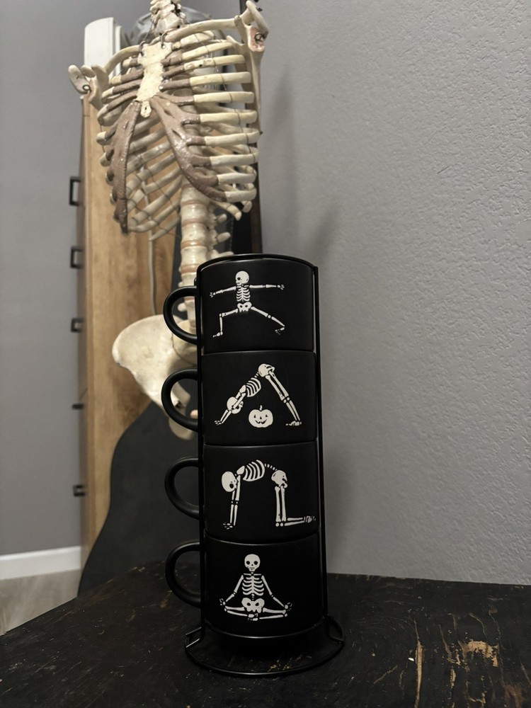 Prima Design Halloween Coffee Mugs Skeleton Yoga Pose 4 Set Stackable Caddy