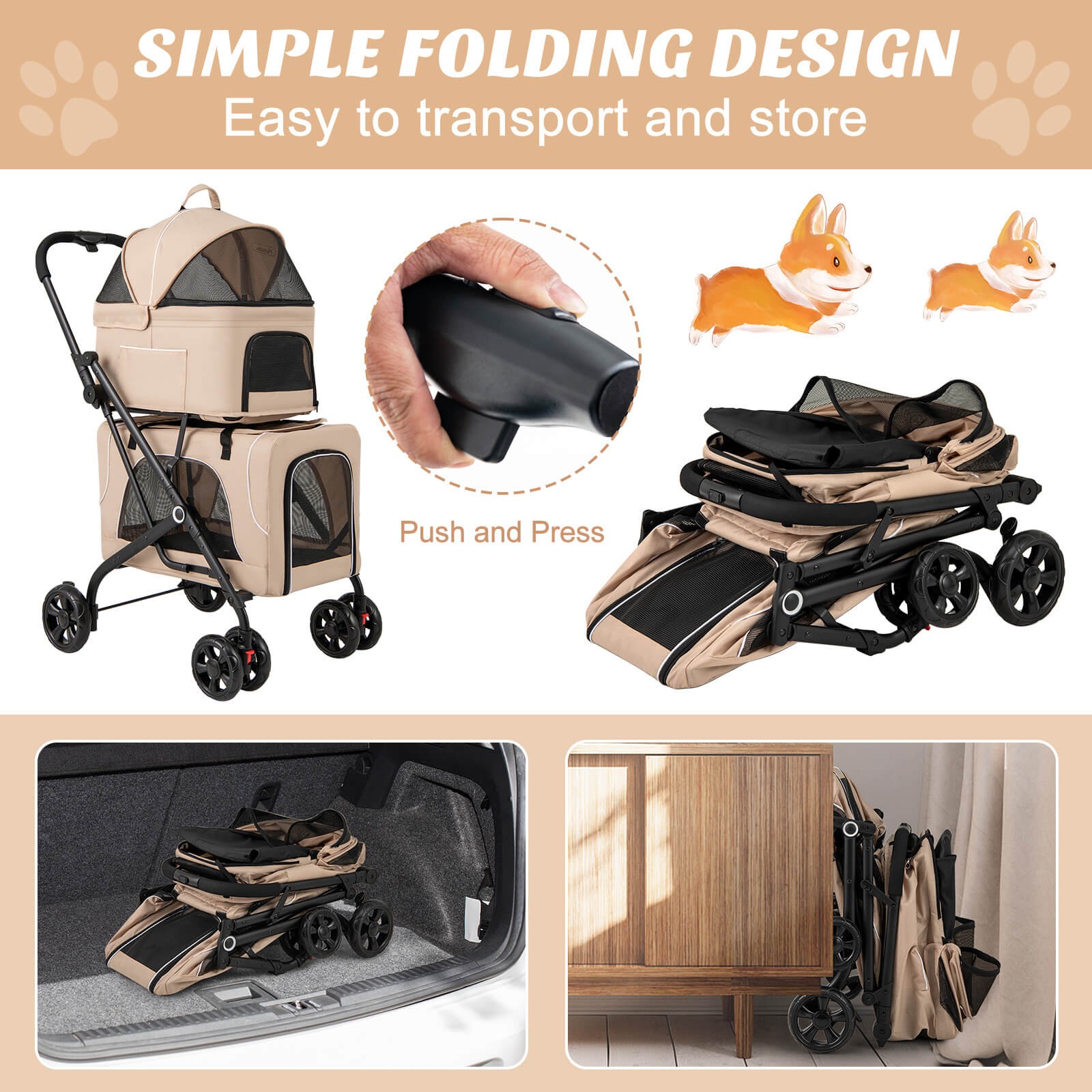 Double Pet Stroller for 2 Dogs or Cats w/ 2 Detachable Carriers Safety Belt