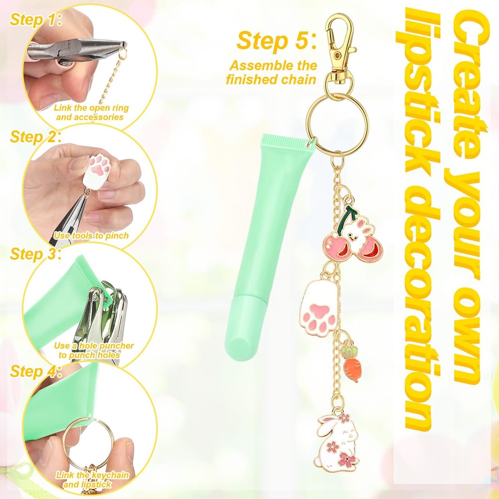 213 Pcs Easter Theme Lip Gloss Keychain Making Kit 100 Pink Enamel Charms 32....