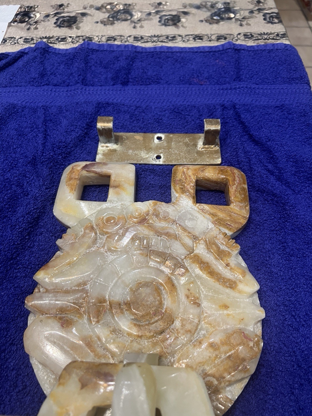 Aztec Mayan Marble/Onyx Large Stone Hand Carved Wall Hanging 33” Long W/bracket