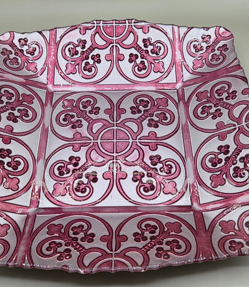 Square Glass Platter Pink & Silver Fleur-de-Lis Damask Scroll Serving Plate