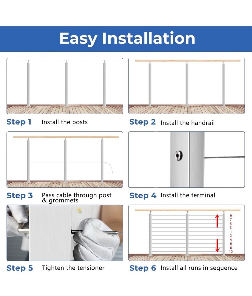 36" One-Stop Cable Railing Post Kits, 4Pack Brushed Finish Level Drilled Line...