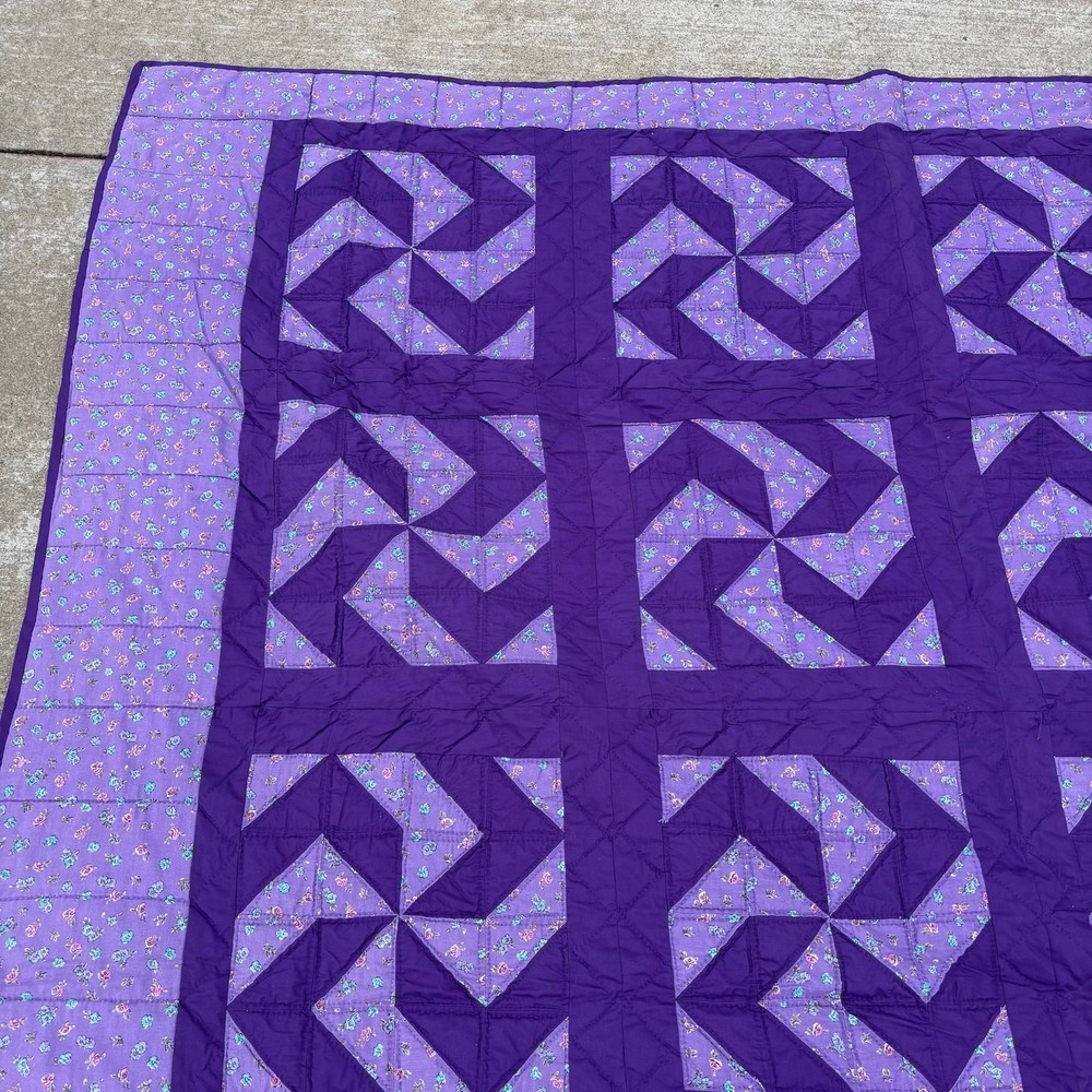 Vtg Patchwork Block Quilt Windmill Pattern 86”x99” Hand Made Cotton Purple