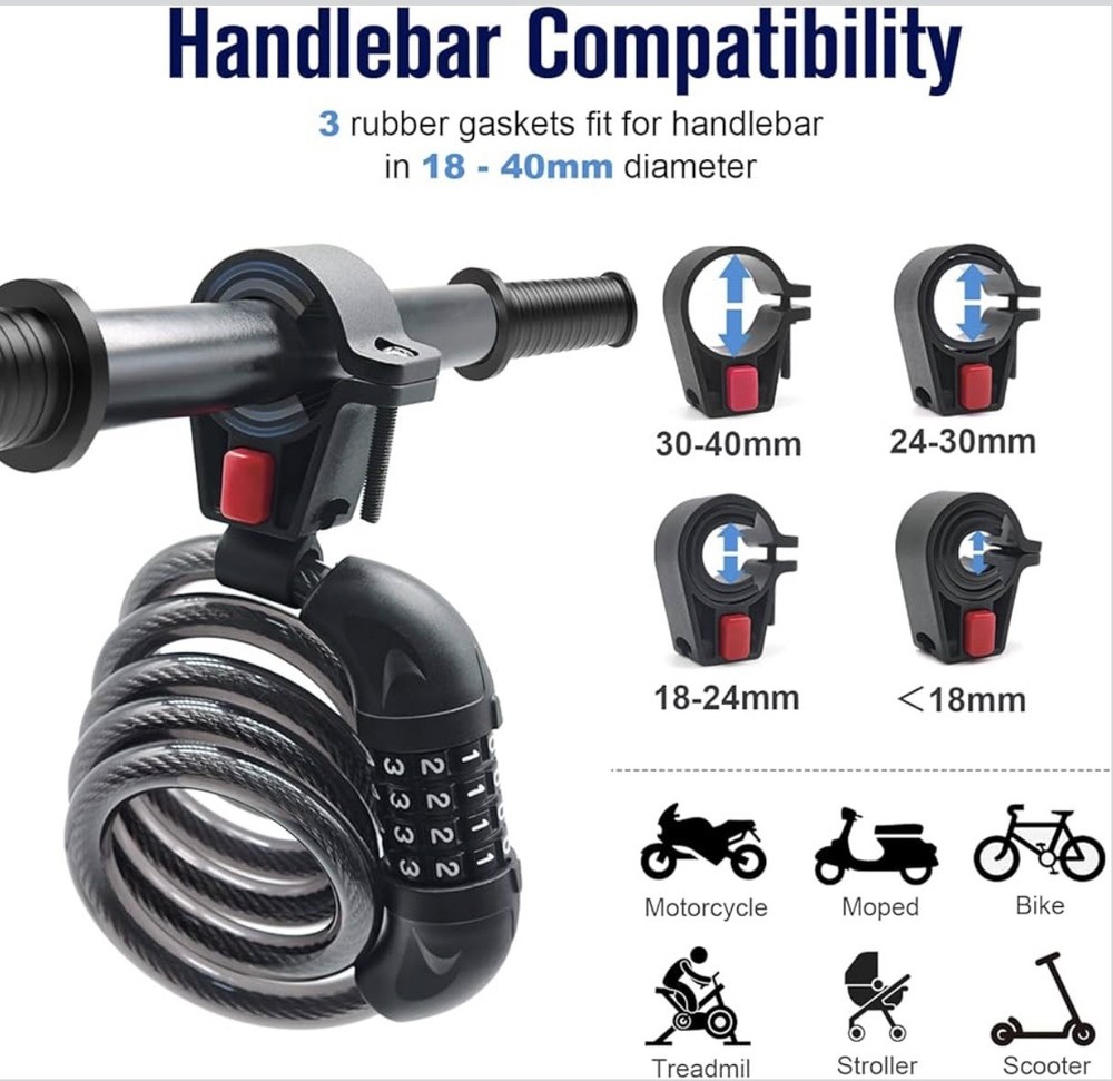 NDakter Bike Lock 4ft Cable With Combination Lock. With handle bar bracket.