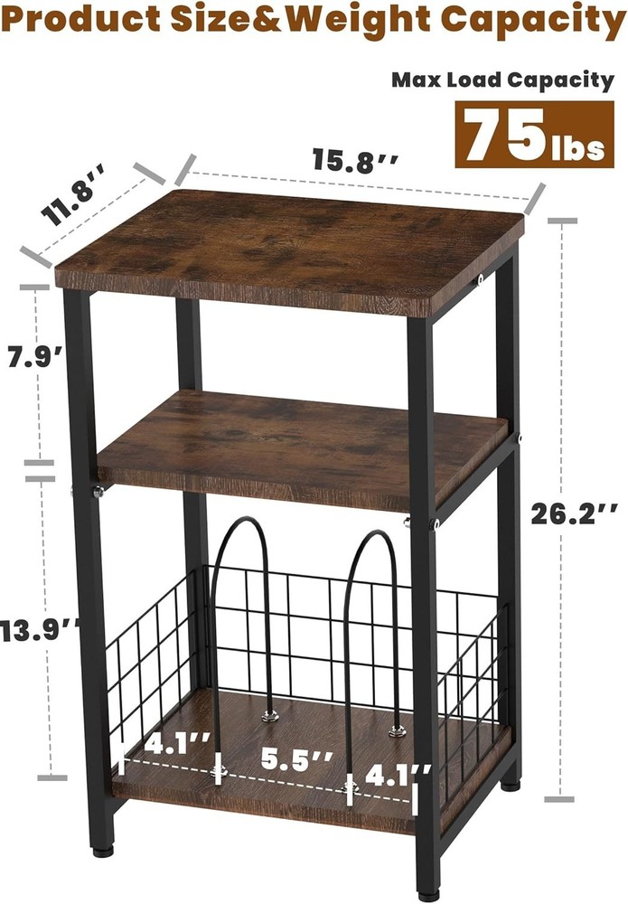 Record Player Stand, 3 Tier End Side Table with Vinyl Record Storage Basket, ..