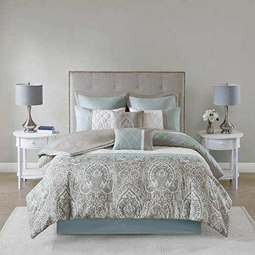 Cozy Comforter Set - Transitional Damask Queen(90"x90") Shawnee-seafoam