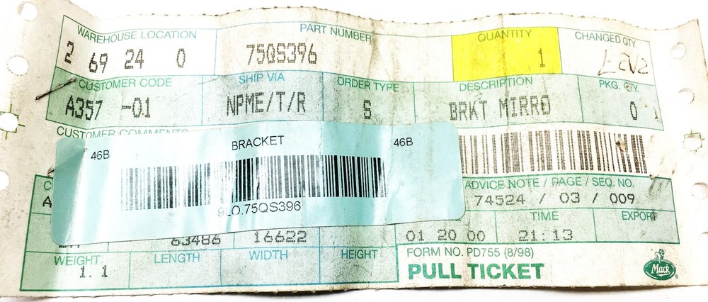 Mack Mirror Bracket 75QS396 NOS