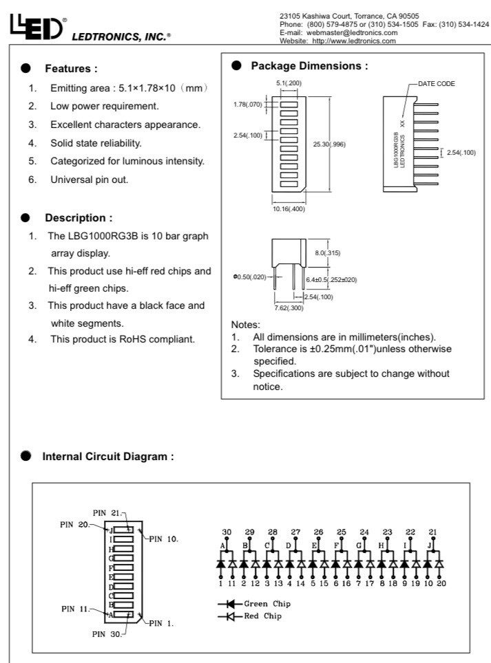 LED Bargraph Level Indicator, TriColor RED/GREEN/ORANGE, 10 Seg, 30 Pin (50pcs)