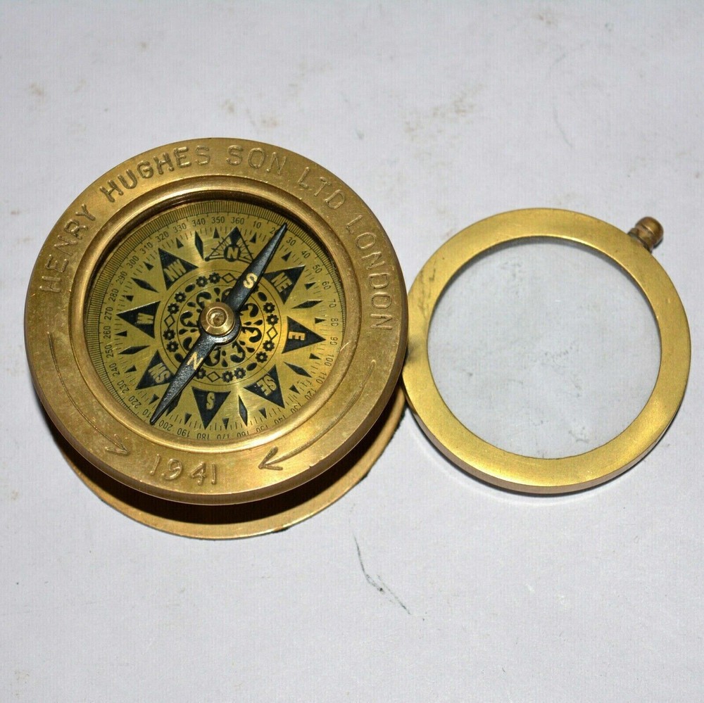 Antique brass compass nautical folding magnifying glass map reader compass