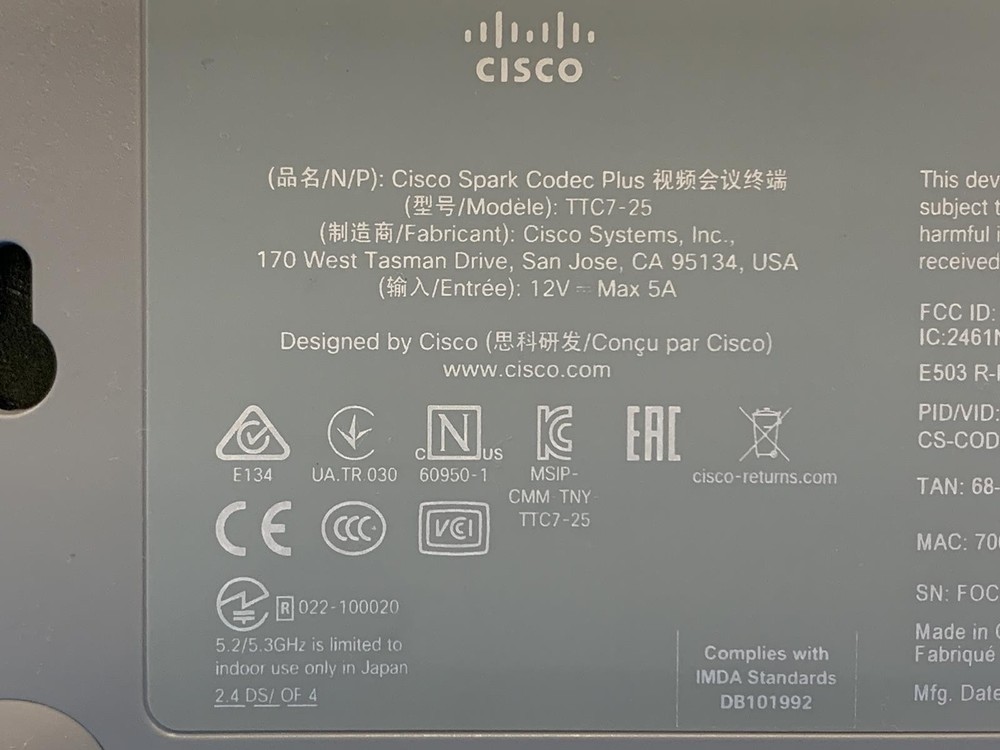 Cisco Spark Codec Plus TTC7-25 Video Conference Device