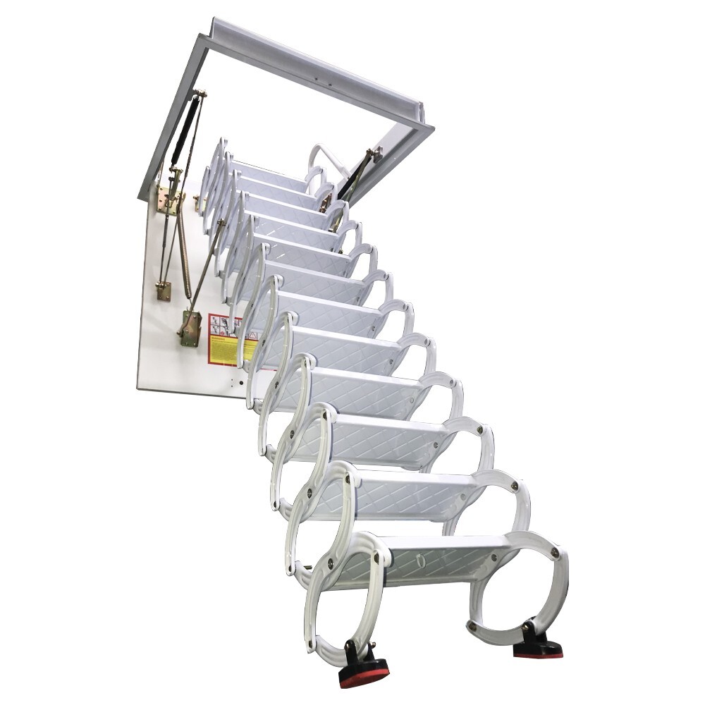 12 Steps Carbon Steel White Attic Pull Down Ceiling Ladder Folding Loft Stairs
