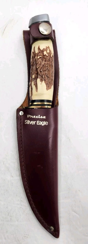Vtg 10325 Precise Silver Eagle Handmade Fixed Blade Stag Handle Knife w/Sheath