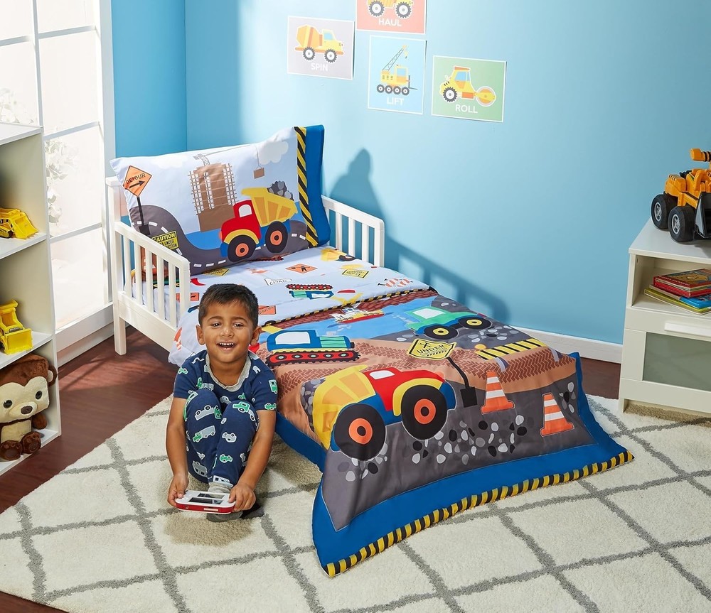 4 Piece Under Construction Toddler Bedding Set - Comforter, Sheets & Pillowcase
