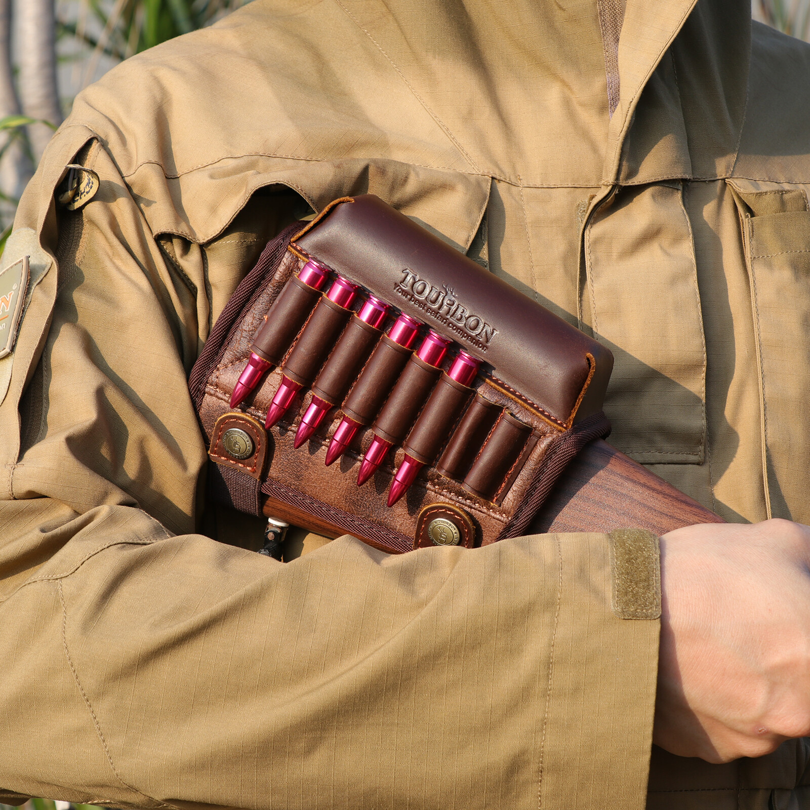 TOURBON PU Leather Rifle Buttstock Cover Padded Cheek Riser Rest Ammo Holder US