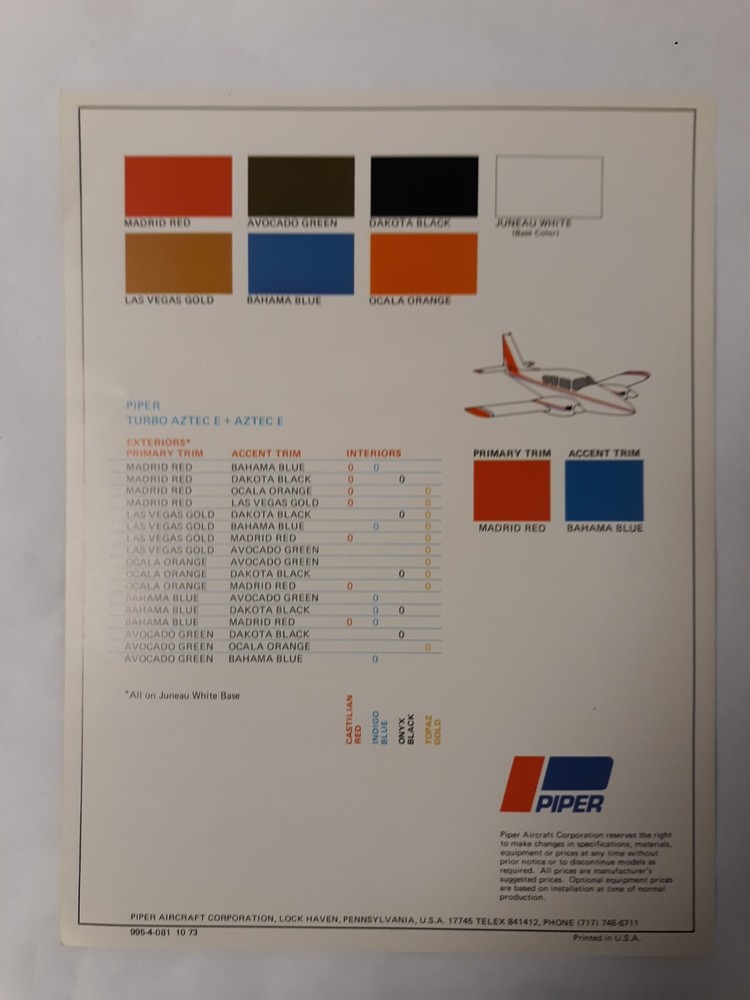 Piper 1974 Aztec E Color Selector Brochure Original