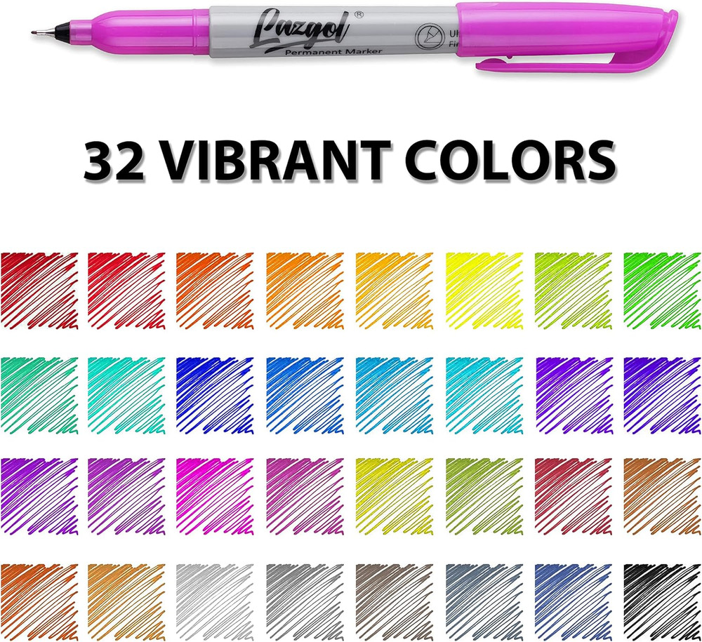 Permanent Markers Bulk, Ultra Fine Point, 32 Assorted Colors 0.4 mm Permanent...